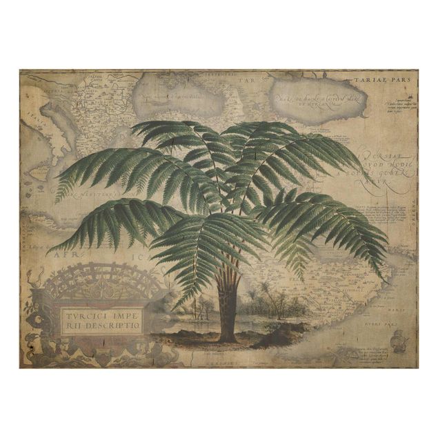 Quadros em madeira flores Vintage Collage - Palm And World Map