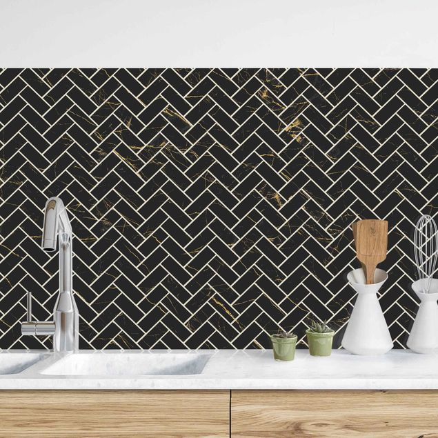 decoraçoes cozinha Marble Fish Bone Tiles - Black And Golden