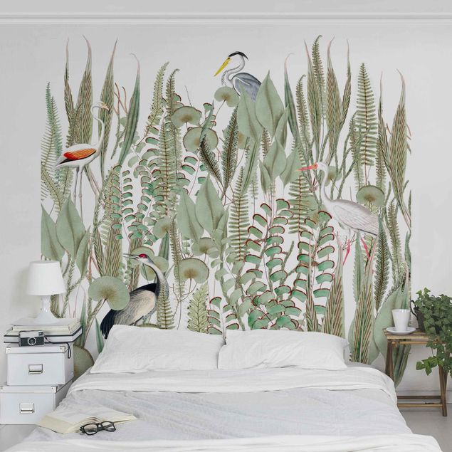 Papel de parede pássaros Flamingo And Stork With Plants