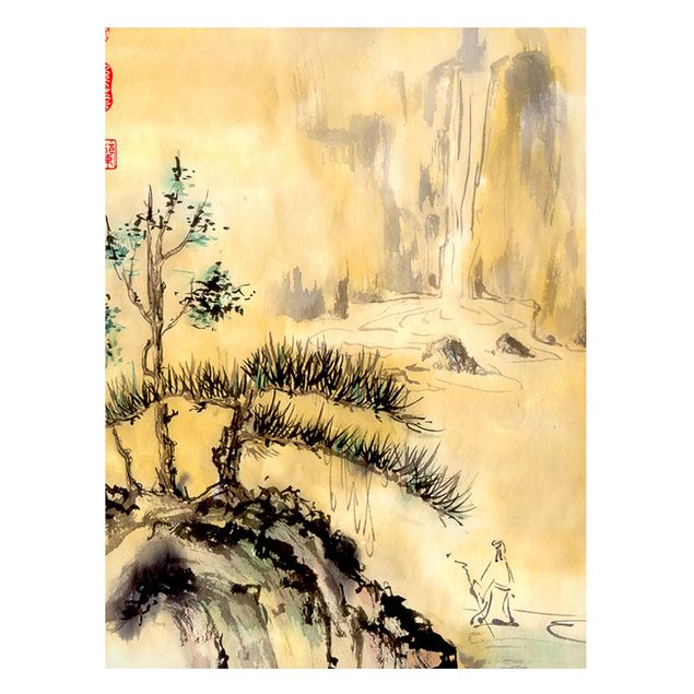 quadro com árvore Japanese Watercolour Drawing Cedars And Mountains