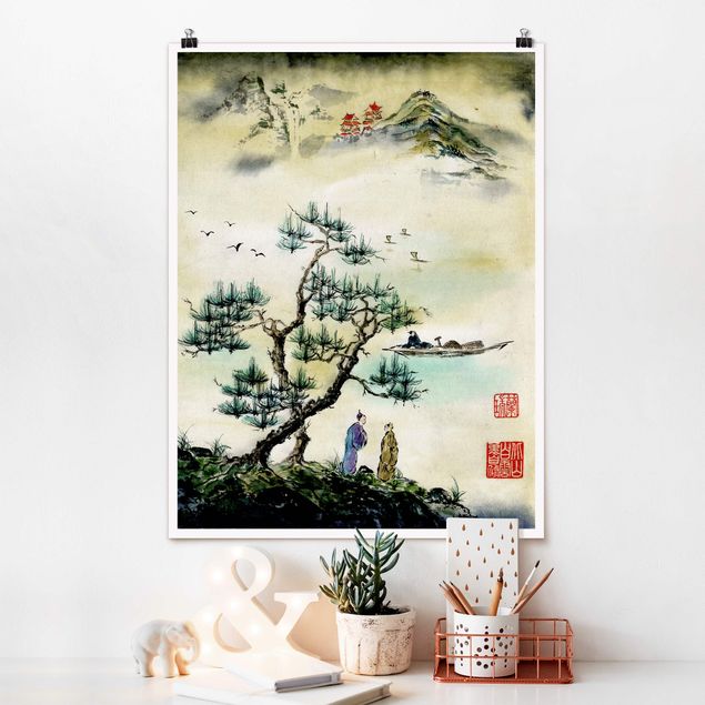decoraçoes cozinha Japanese Watercolour Drawing Pine And Mountain Village