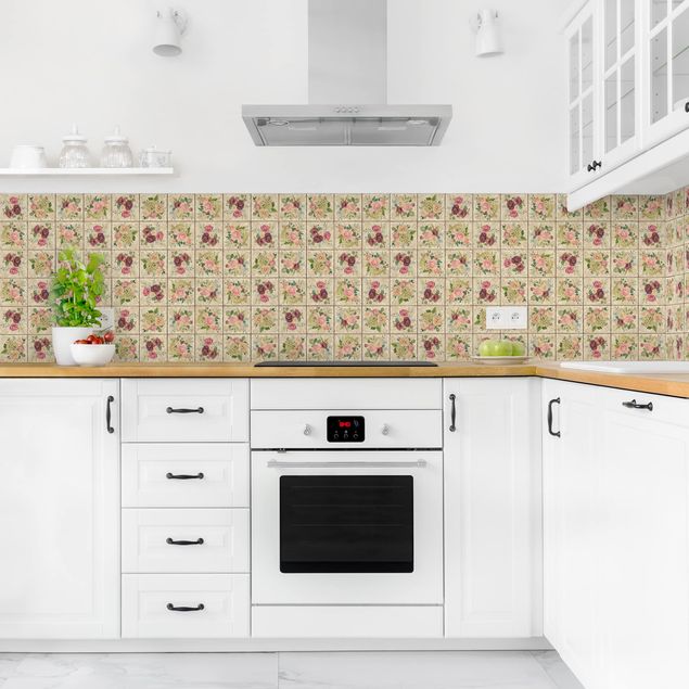 Backsplash de cozinha imitação azulejos Vintage Roses And Hydrangeas