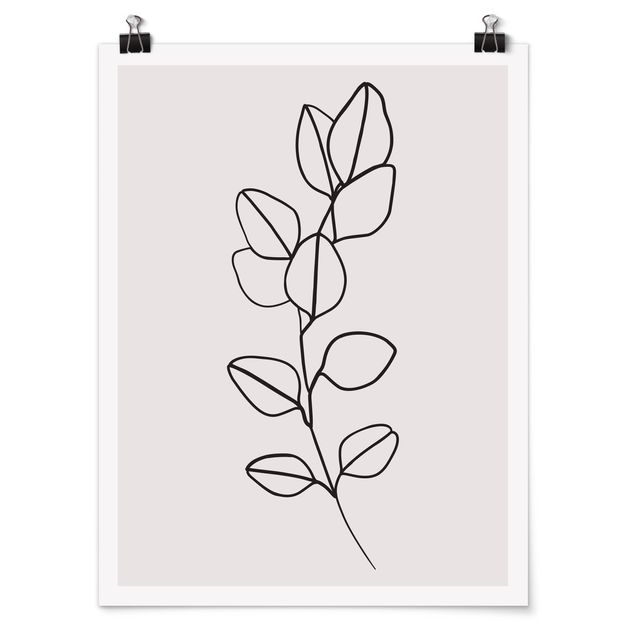 Posters flores Line Art Branch Leaves Black And White