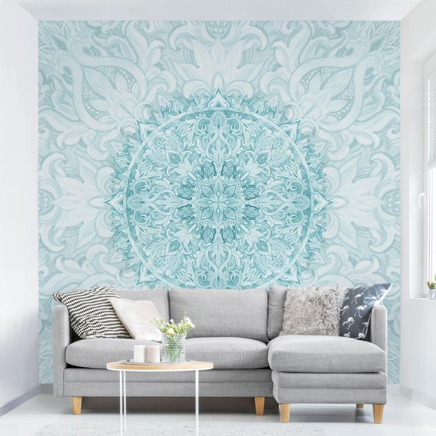 papel de parede moderno para sala Mandala Watercolour Ornament Turquoise