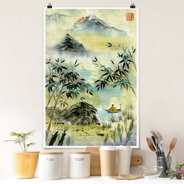 Quadros Ásia Japanese Watercolour Drawing Bamboo Forest