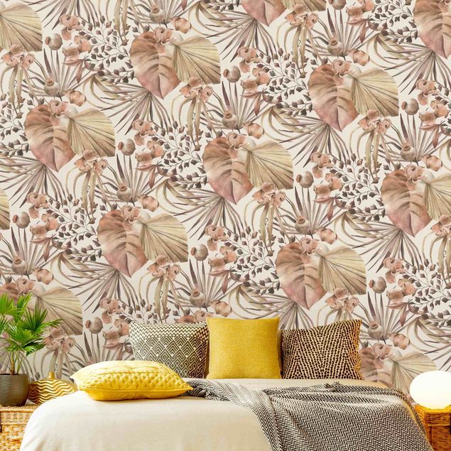 papel parede de flor Beige Palm Leaves