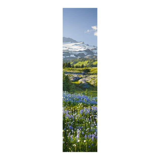 Painéis deslizantes flores Mountain Meadow With Blue Flowers in Front of Mt. Rainier