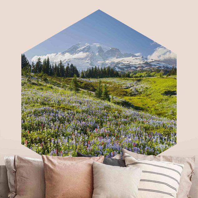Papel de parede céu Mountain Meadow With Red Flowers in Front of Mt. Rainier