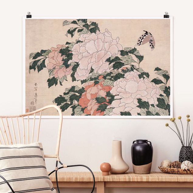 decoraçao cozinha Katsushika Hokusai - Pink Peonies With Butterfly