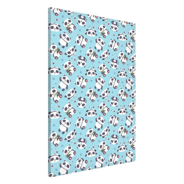 Quadros ursos Cute Panda With Paw Prints And Hearts Pastel Blue