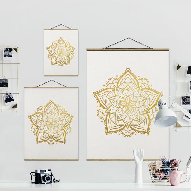 Quadros em tecido Mandala Flower Illustration White Gold