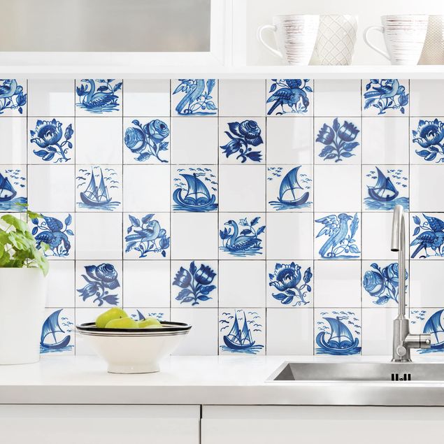 decoraçoes cozinha Hand Painted Tiles With Flowers, Ships And Birds