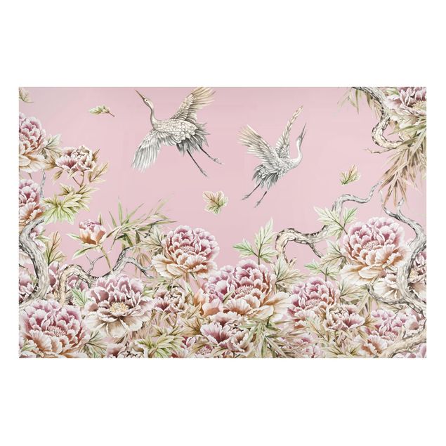 Quadros magnéticos flores Watercolour Storks In Flight With Roses On Pink