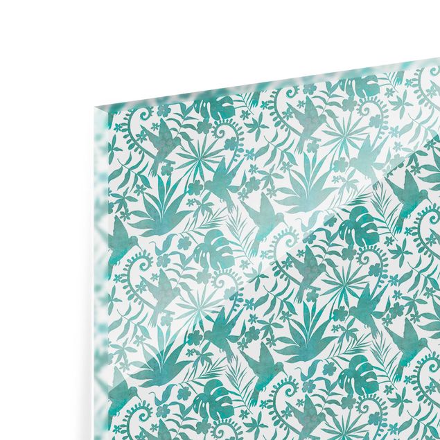 Painel anti-salpicos de cozinha Watercolour Hummingbird And Plant Silhouettes Pattern In Turquoise