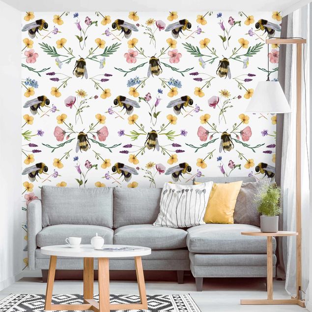 papel de parede floral Bees With Flowers
