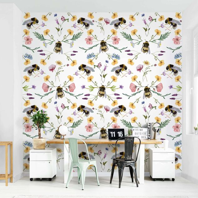papel de parede para quarto de casal moderno Bees With Flowers