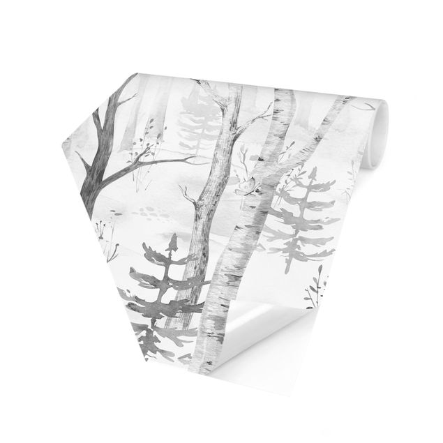 papel de parede moderno Birch forest with poppies black white