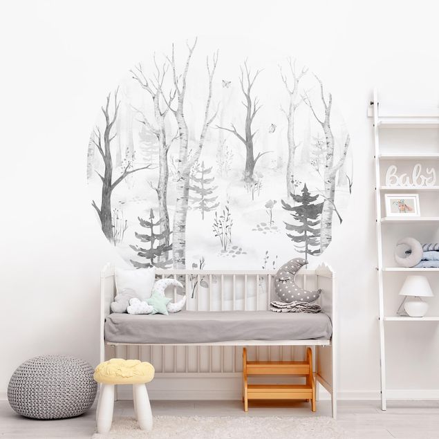 decoração para quartos infantis Birch forest with poppies black white