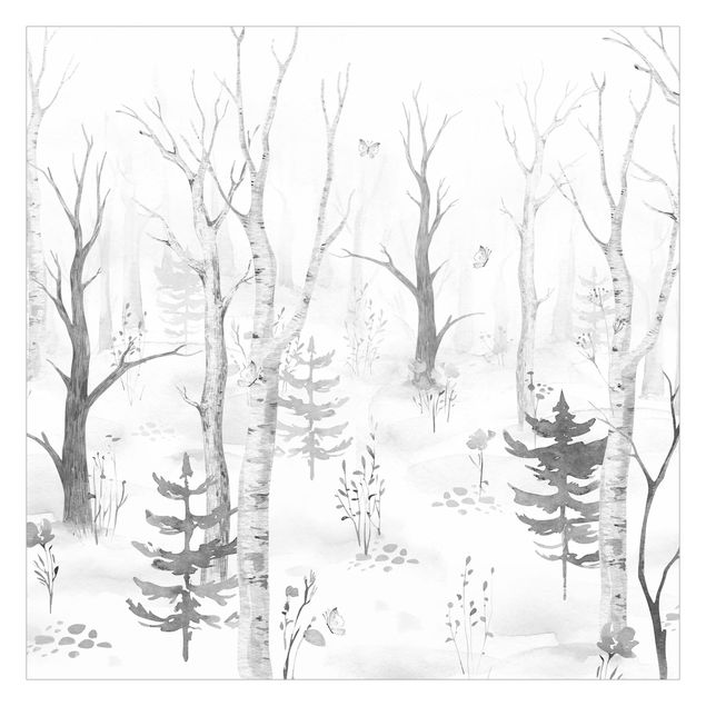 papel de parede floral Birch forest with poppies black white