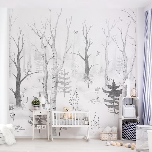 decoração quarto bebé Birch forest with poppies black white