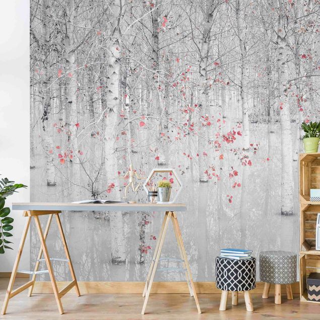 papel de parede floresta tropical Birch Tree Forest With Light Pink Leaves