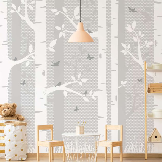 papel de parede moderno Birch Forest With Butterflies And Birds