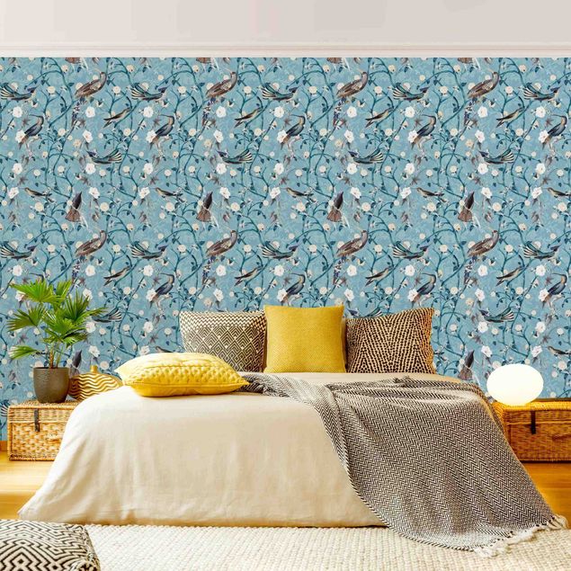Papel de parede padrões Blue Morning Glories With Birds