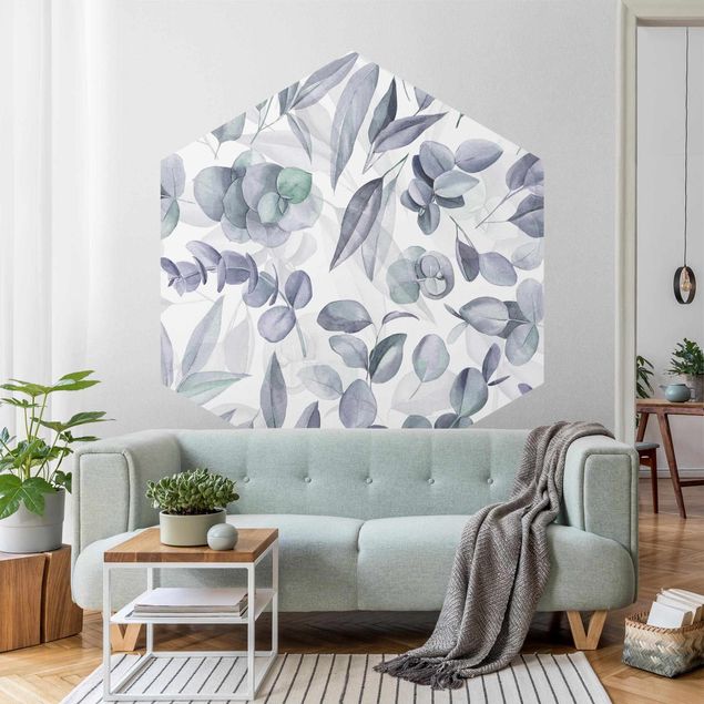 papel de parede moderno Blue Watercolour Eucalyptus Leaves