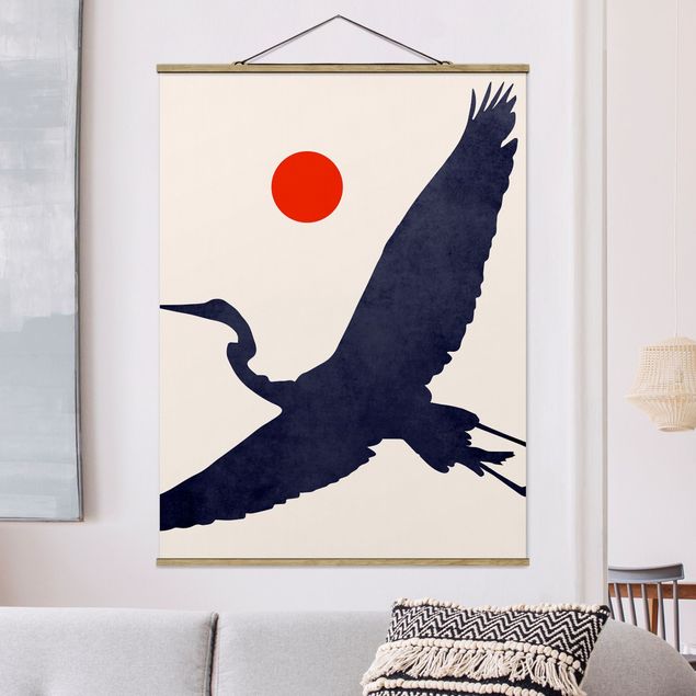 Quadros penas Blue Crane In Front Of Red Sun