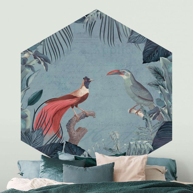 papel parede pássaro Blue Gray Paradise With Tropical Birds