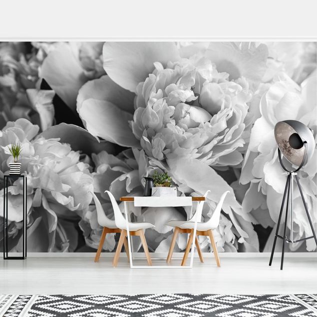papel de parede moderno para sala Blossoming Peonies Black And White