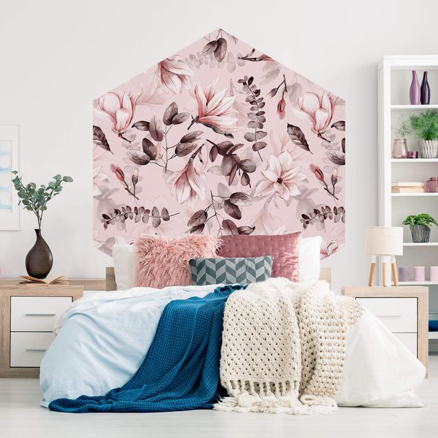 papel de parede para quarto de casal moderno Blossoms With Gray Leaves In Front Of Pink