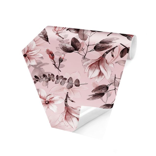 papel de parede floral Blossoms With Gray Leaves In Front Of Pink