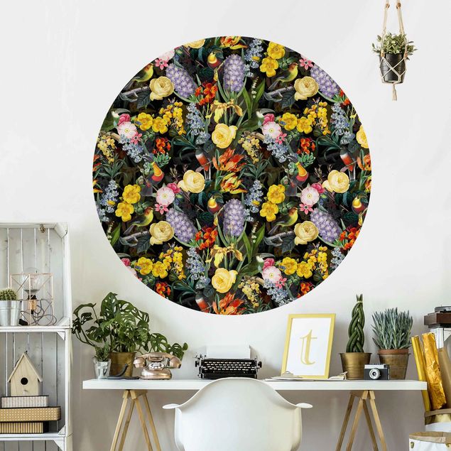 Papel de parede com pássaros Flowers With Colourful Tropical Birds