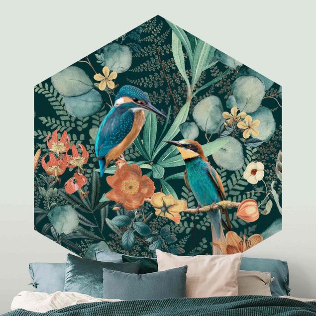 Papel de parede pássaros Floral Paradise Kingfisher And Hummingbird