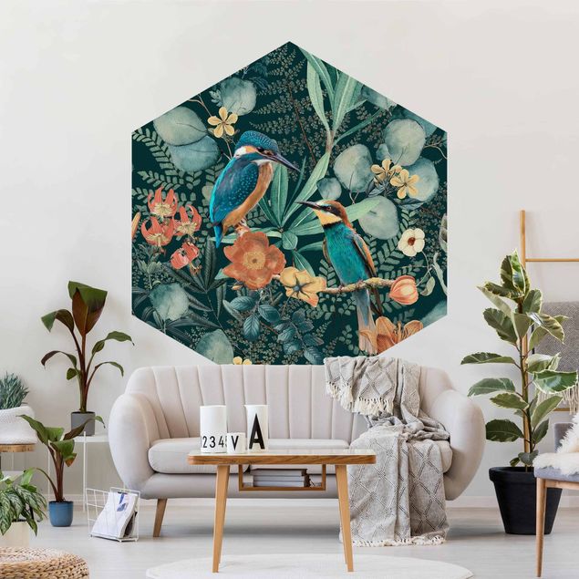 papel de parede floral vintage Floral Paradise Kingfisher And Hummingbird