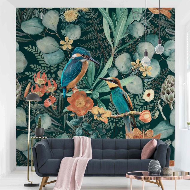 Papel de parede pássaros Floral Paradise Kingfisher And Hummingbird
