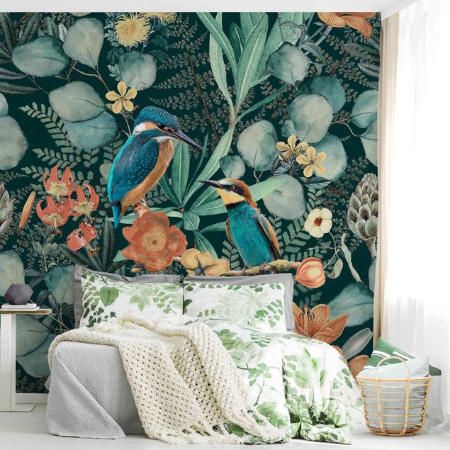 papel de parede floral vintage Floral Paradise Kingfisher And Hummingbird