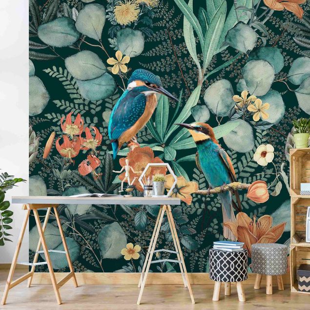 papel de parede moderno para sala Floral Paradise Kingfisher And Hummingbird