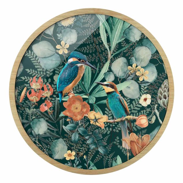 quadros decorativos verde Floral Paradise Kingfisher And Hummingbird