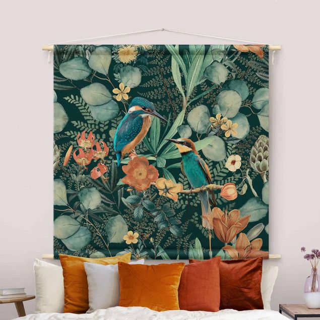 Tapeçaria de parede XXL Floral Paradise Kingfisher And Hummingbird