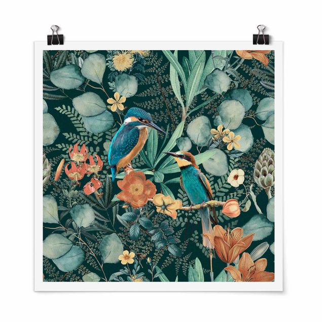 Posters quadros famosos Floral Paradise Kingfisher And Hummingbird