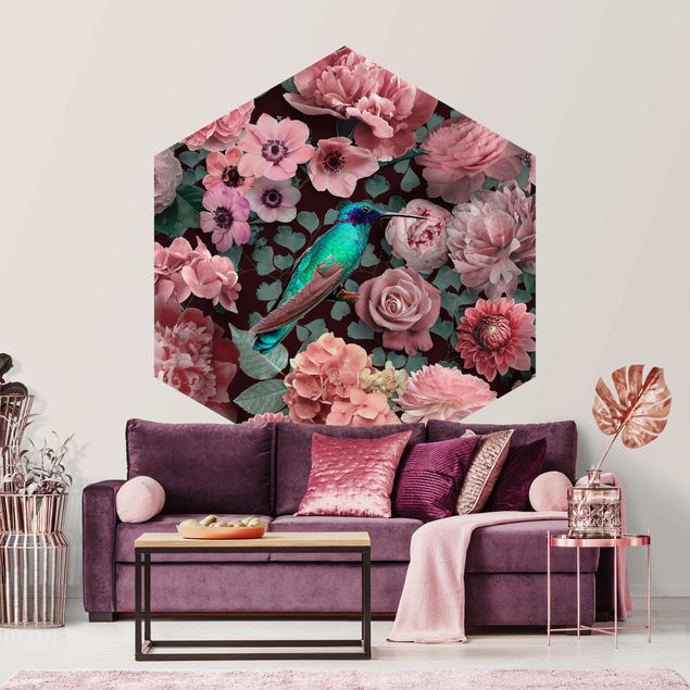 Papel de parede com pássaros Floral Paradise Hummingbird With Roses