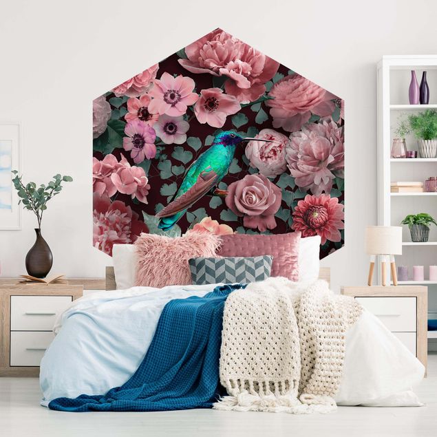 papel de parede moderno Floral Paradise Hummingbird With Roses