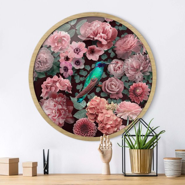 Quadros com moldura flores Floral Paradise Hummingbird With Roses