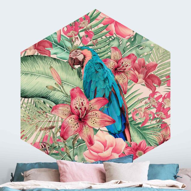 papel parede pássaro Floral Paradise Tropical Parrot