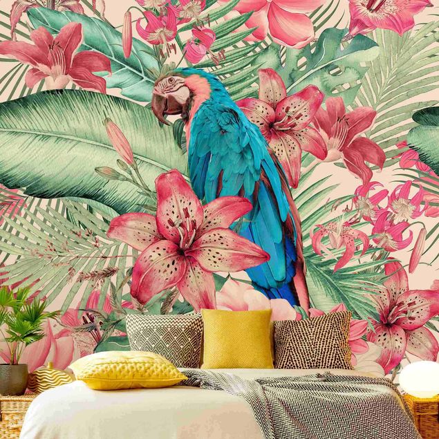 decoraçao para parede de cozinha Floral Paradise Tropical Parrot