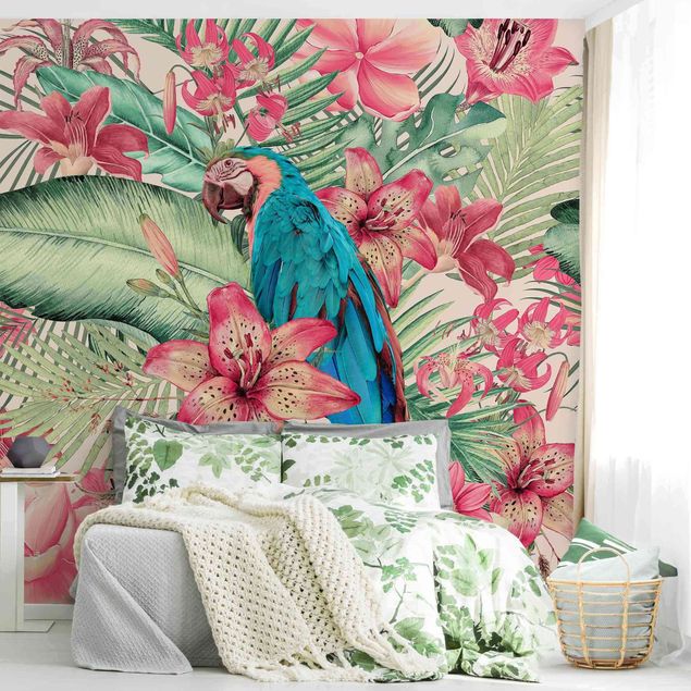 papel de parede para quarto de casal moderno Floral Paradise Tropical Parrot