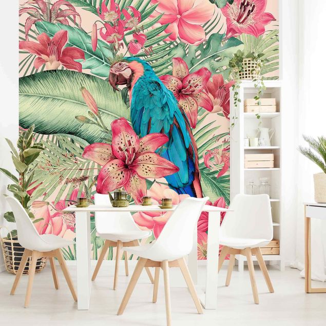 papel de parede floral Floral Paradise Tropical Parrot