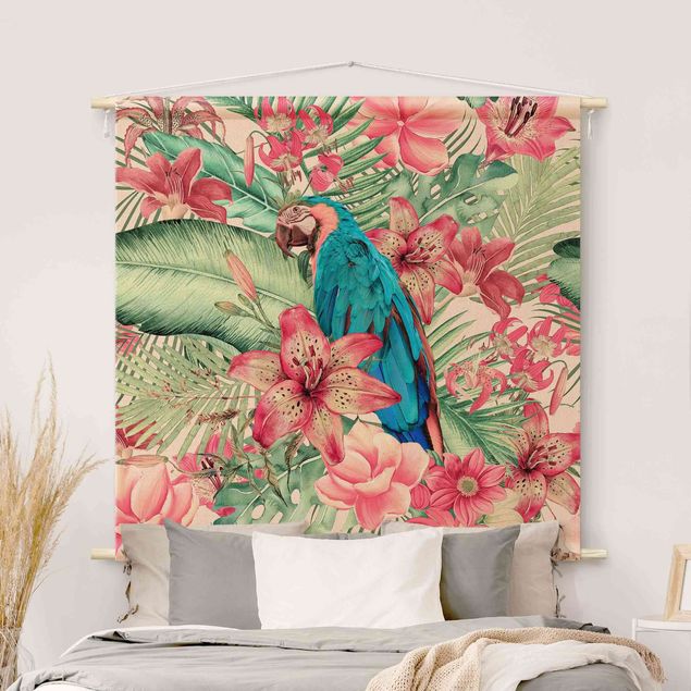 Tapeçaria de parede moderna Floral Paradise Tropical Parrot